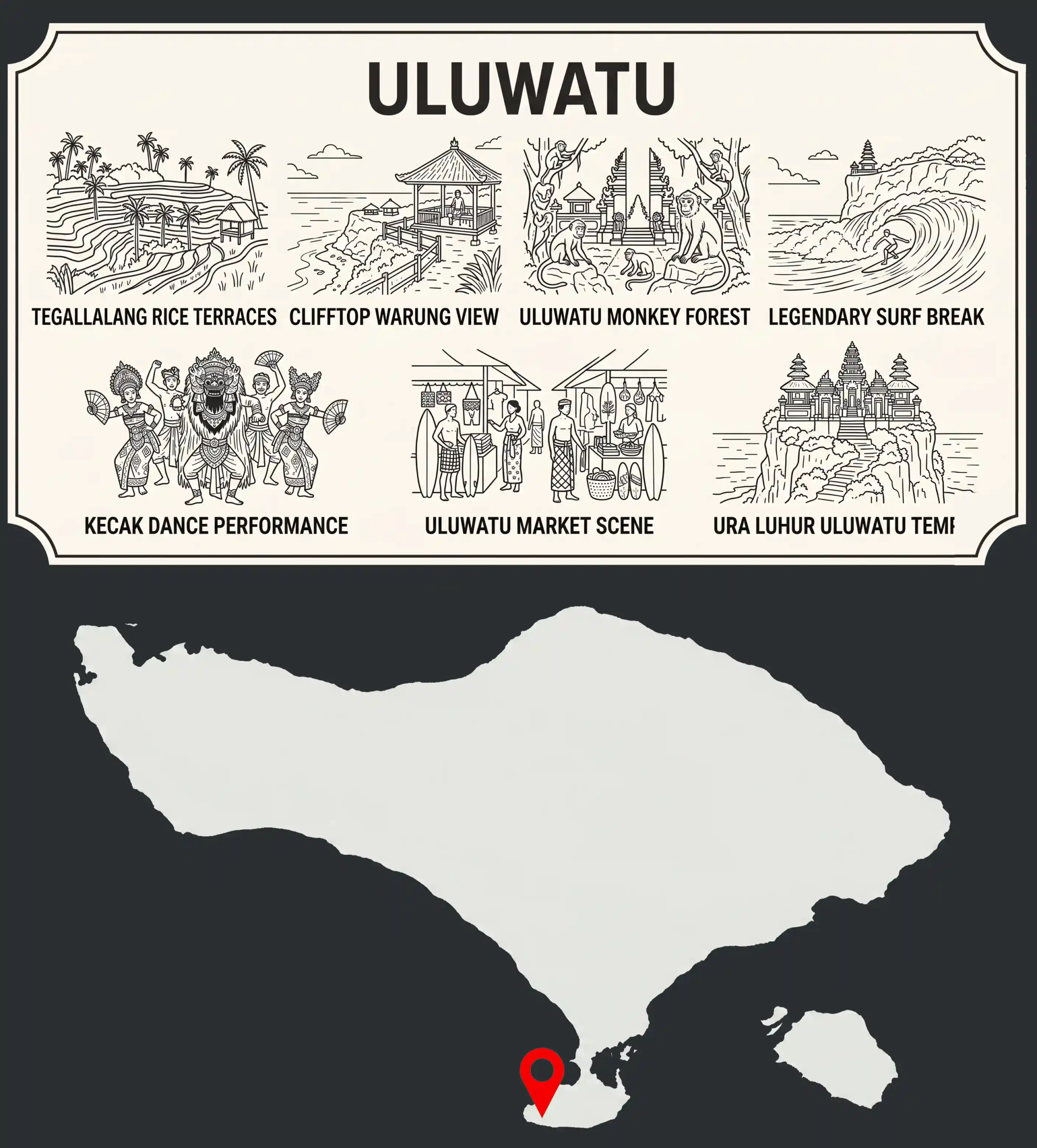 A geographic map of Bali highlighting the location of Uluwatu with key local attractions like temples, surfing, and cultural activities.